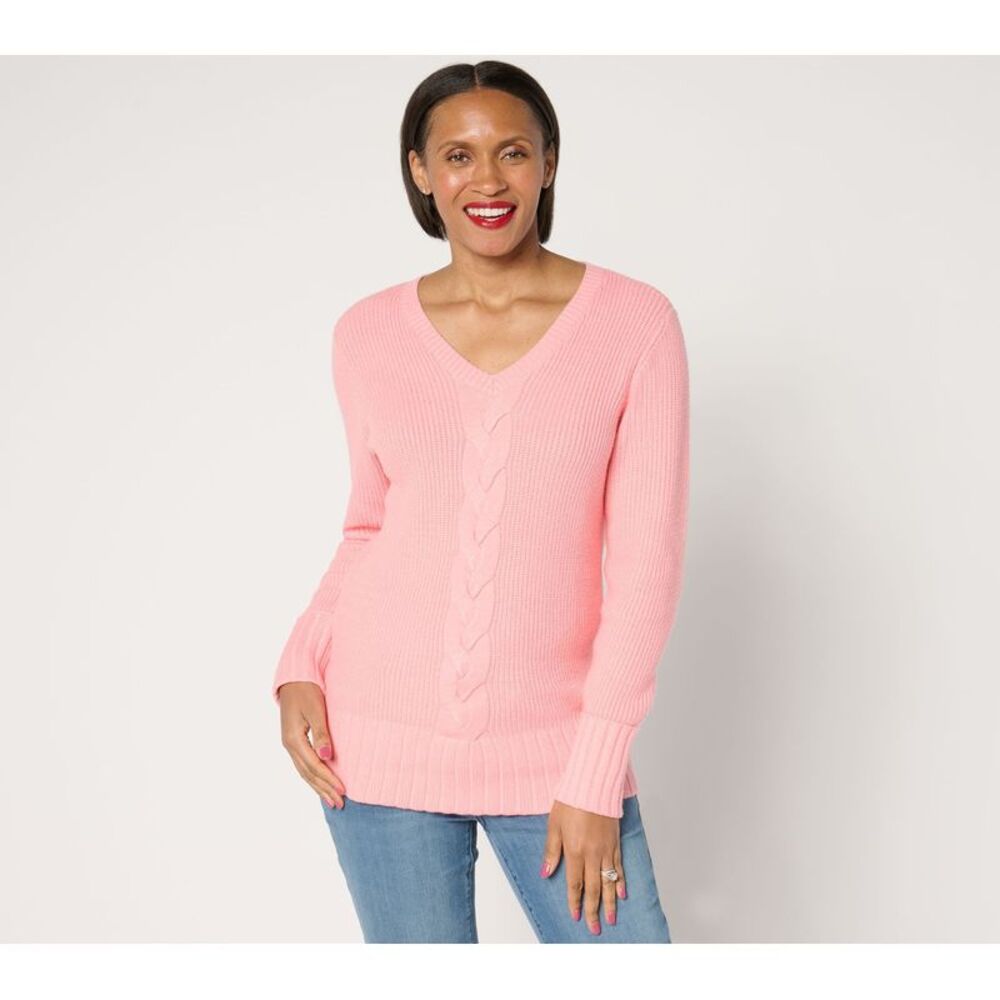 Wacoal Women's Top Plus Sz Sweater 1X Denim & Co. Soft Knit V-Neck Pink A676303